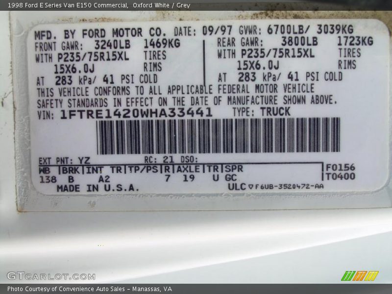 Oxford White / Grey 1998 Ford E Series Van E150 Commercial