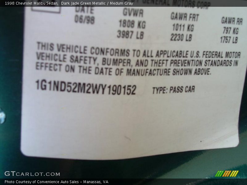 Dark Jade Green Metallic / Medum Gray 1998 Chevrolet Malibu Sedan
