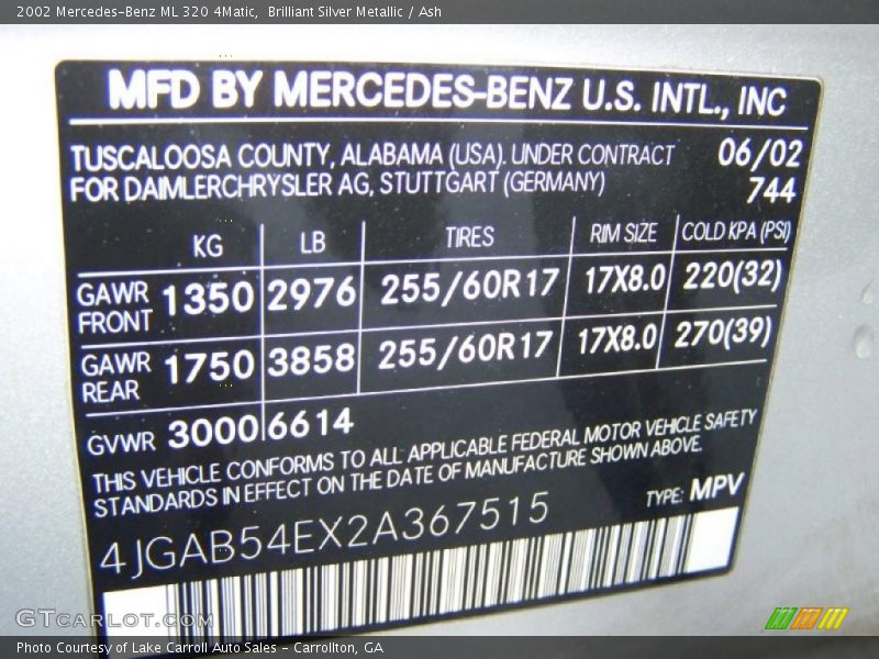 Brilliant Silver Metallic / Ash 2002 Mercedes-Benz ML 320 4Matic