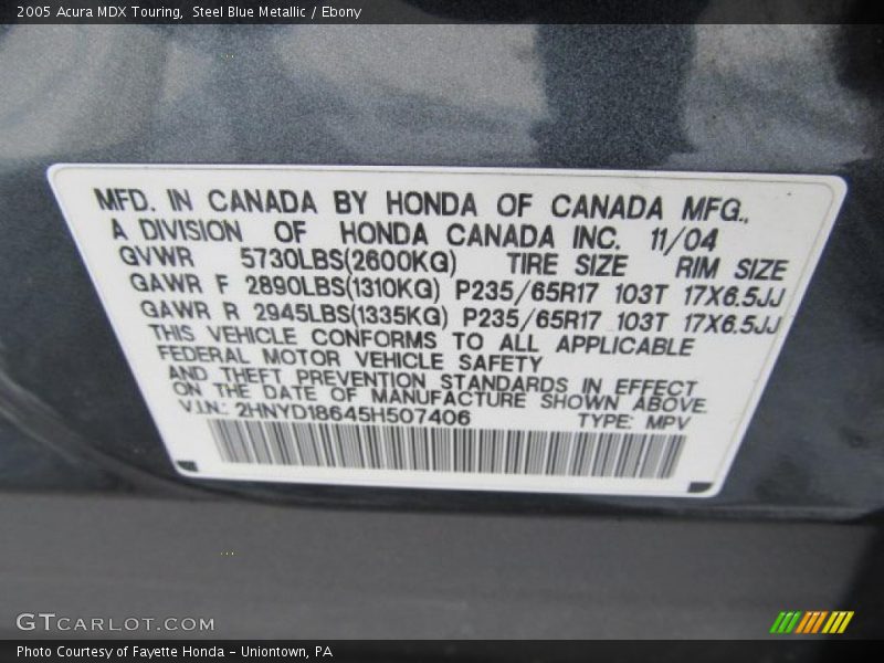 Info Tag of 2005 MDX Touring