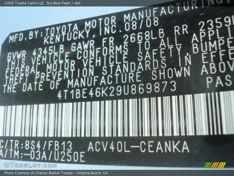 Sky Blue Pearl / Ash 2009 Toyota Camry LE