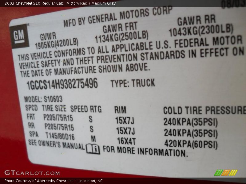Victory Red / Medium Gray 2003 Chevrolet S10 Regular Cab