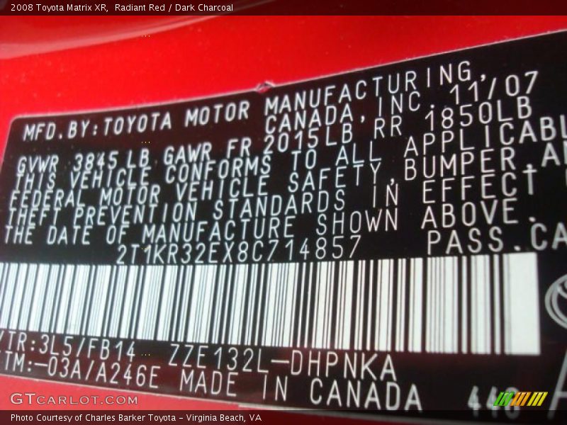 Radiant Red / Dark Charcoal 2008 Toyota Matrix XR