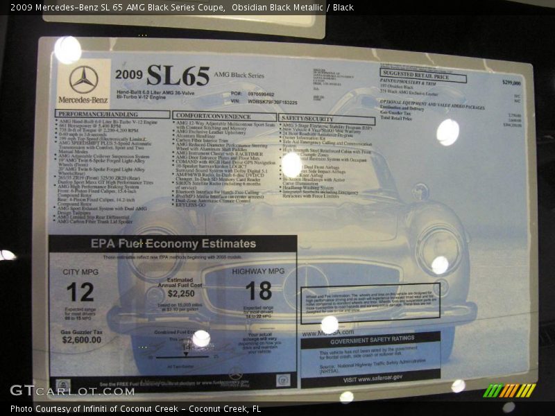  2009 SL 65 AMG Black Series Coupe Window Sticker