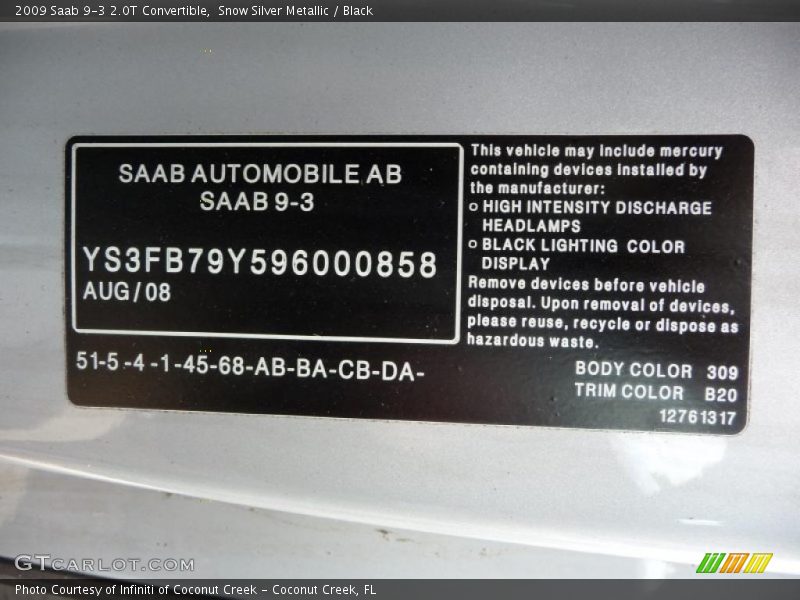 Snow Silver Metallic / Black 2009 Saab 9-3 2.0T Convertible