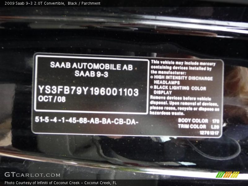 2009 9-3 2.0T Convertible Black Color Code 170