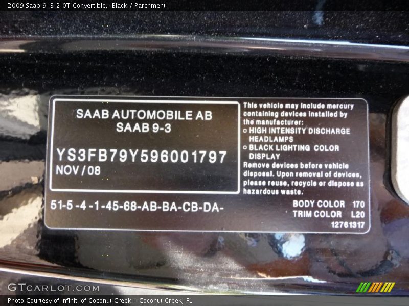 2009 9-3 2.0T Convertible Black Color Code 170