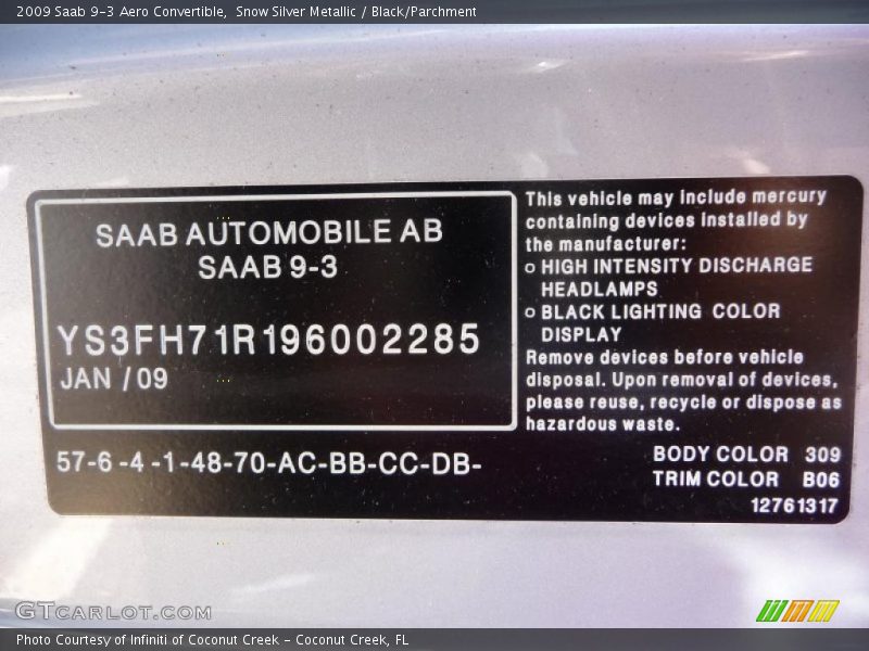 2009 9-3 Aero Convertible Snow Silver Metallic Color Code 309
