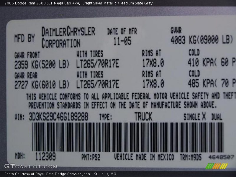 2006 Ram 2500 SLT Mega Cab 4x4 Bright Silver Metallic Color Code PS2