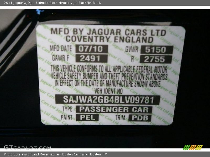 2011 XJ XJL Ultimate Black Metallic Color Code PEL