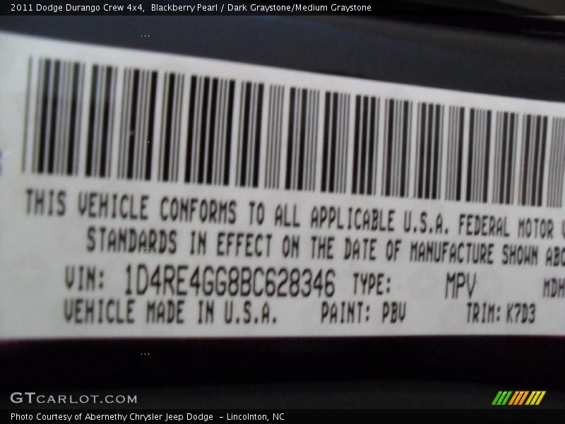 2011 Durango Crew 4x4 Blackberry Pearl Color Code PBV