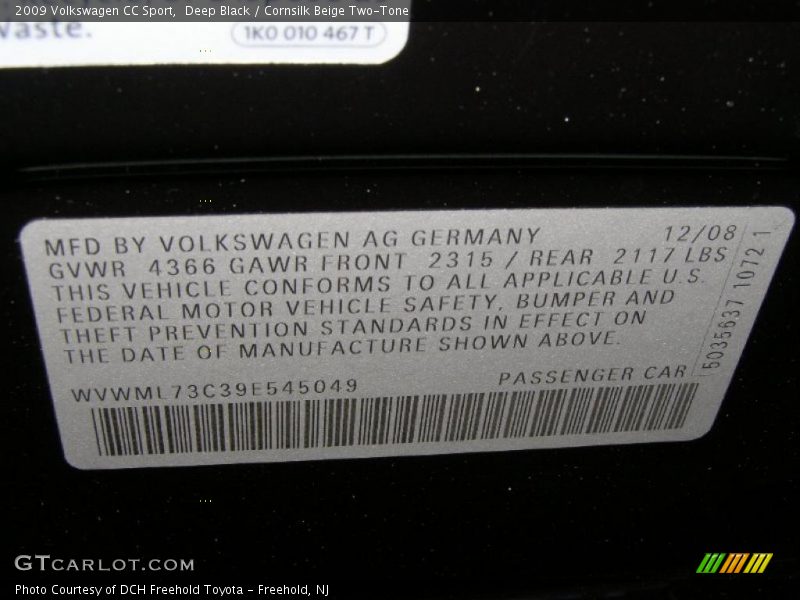 Deep Black / Cornsilk Beige Two-Tone 2009 Volkswagen CC Sport