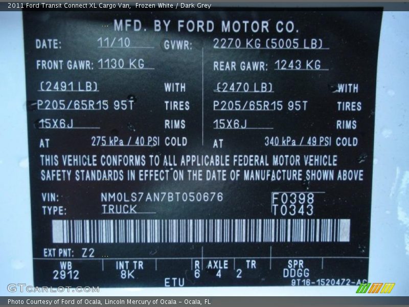 2011 Transit Connect XL Cargo Van Frozen White Color Code Z2