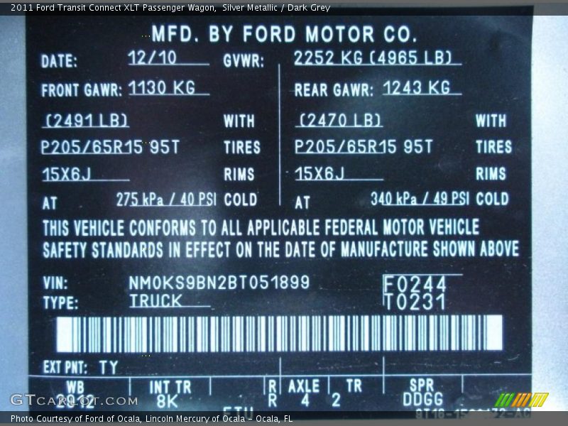 2011 Transit Connect XLT Passenger Wagon Silver Metallic Color Code TY