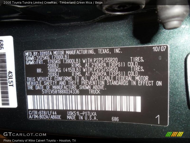 Timberland Green Mica / Beige 2008 Toyota Tundra Limited CrewMax