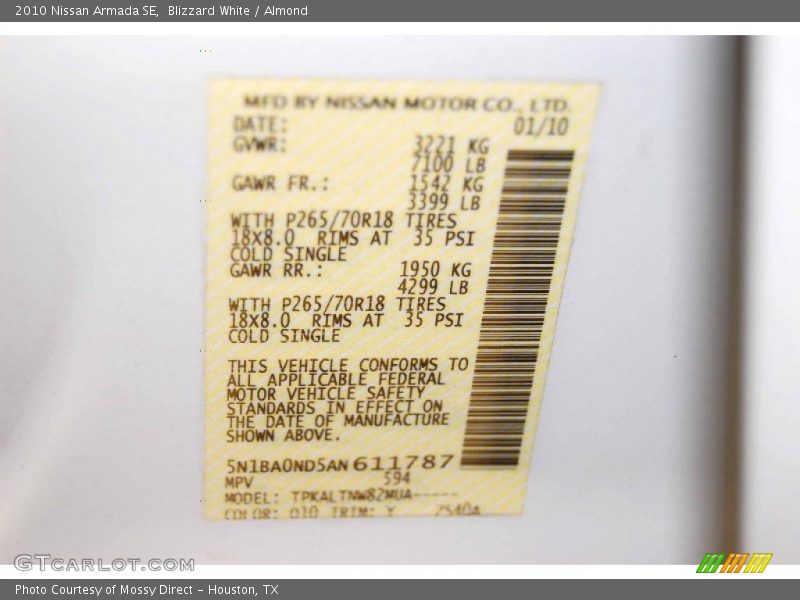 Blizzard White / Almond 2010 Nissan Armada SE