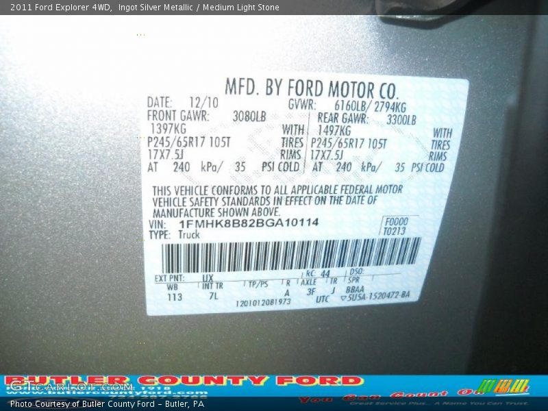 Ingot Silver Metallic / Medium Light Stone 2011 Ford Explorer 4WD