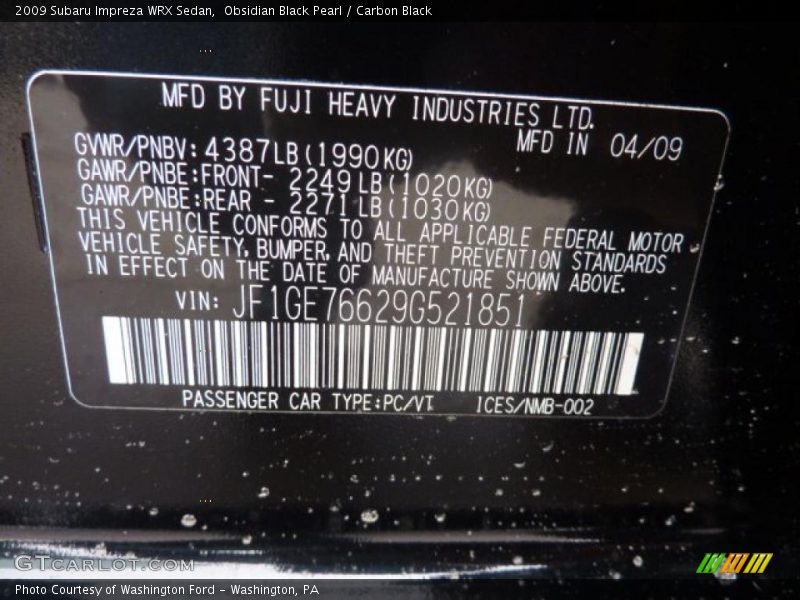 Info Tag of 2009 Impreza WRX Sedan