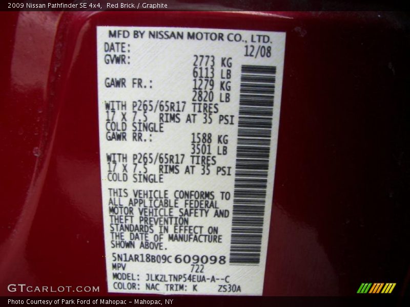 Red Brick / Graphite 2009 Nissan Pathfinder SE 4x4