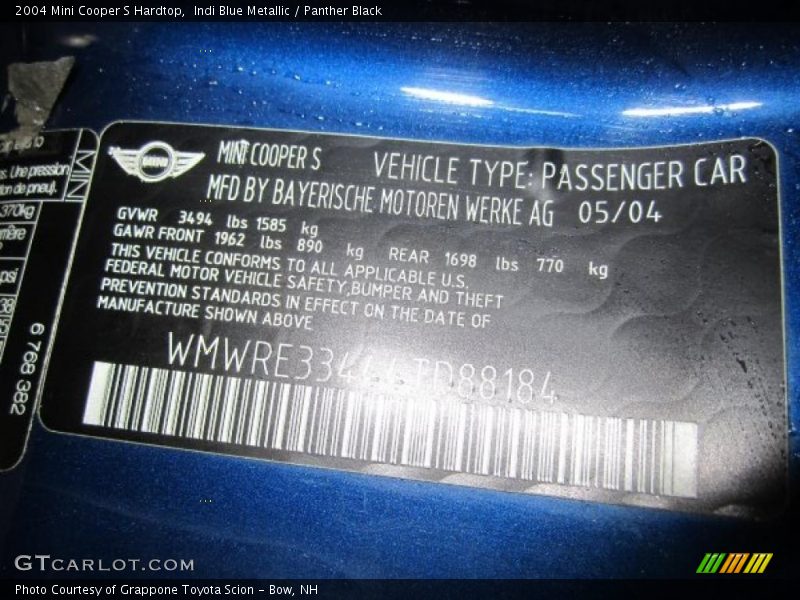 Indi Blue Metallic / Panther Black 2004 Mini Cooper S Hardtop