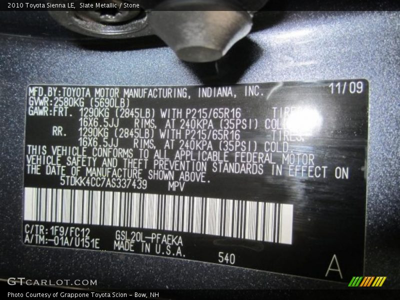 Slate Metallic / Stone 2010 Toyota Sienna LE