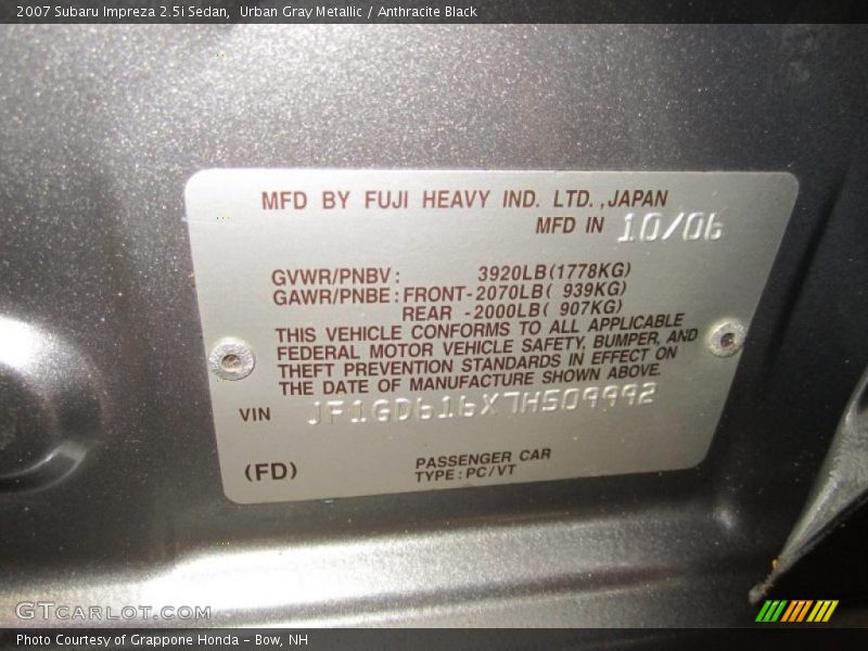 Urban Gray Metallic / Anthracite Black 2007 Subaru Impreza 2.5i Sedan