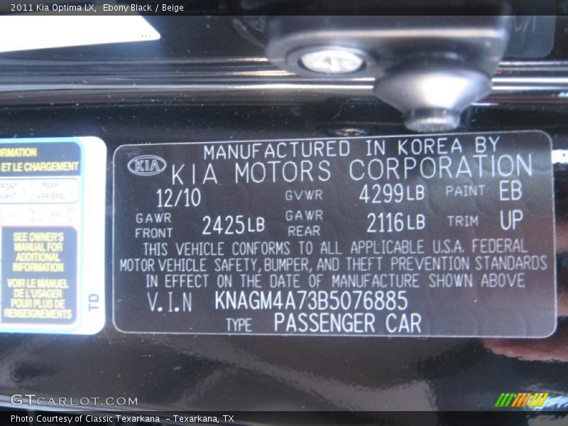Ebony Black / Beige 2011 Kia Optima LX