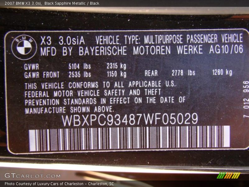 Black Sapphire Metallic / Black 2007 BMW X3 3.0si