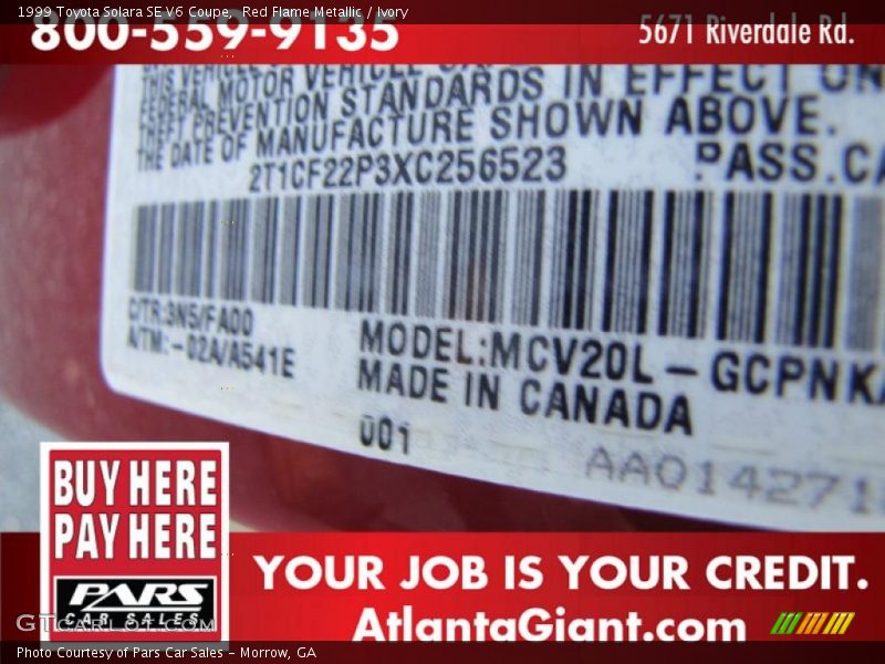 Red Flame Metallic / Ivory 1999 Toyota Solara SE V6 Coupe