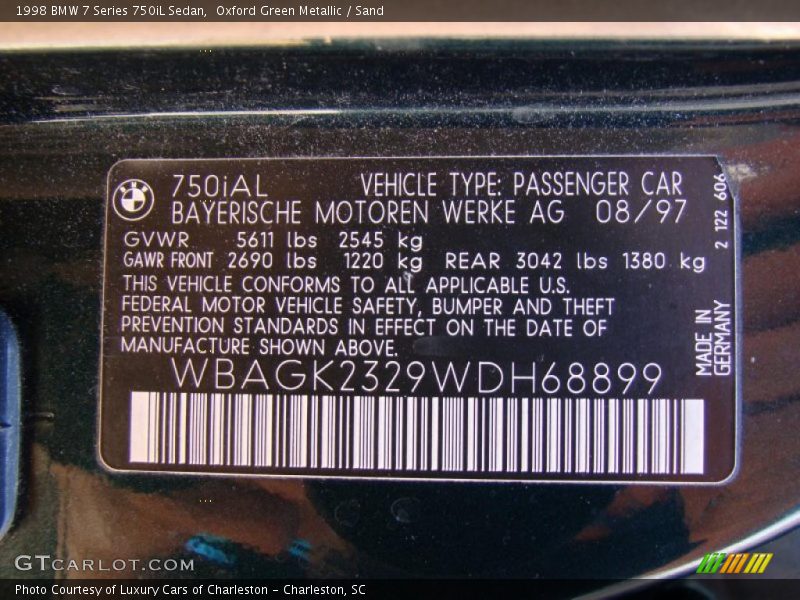 Info Tag of 1998 7 Series 750iL Sedan