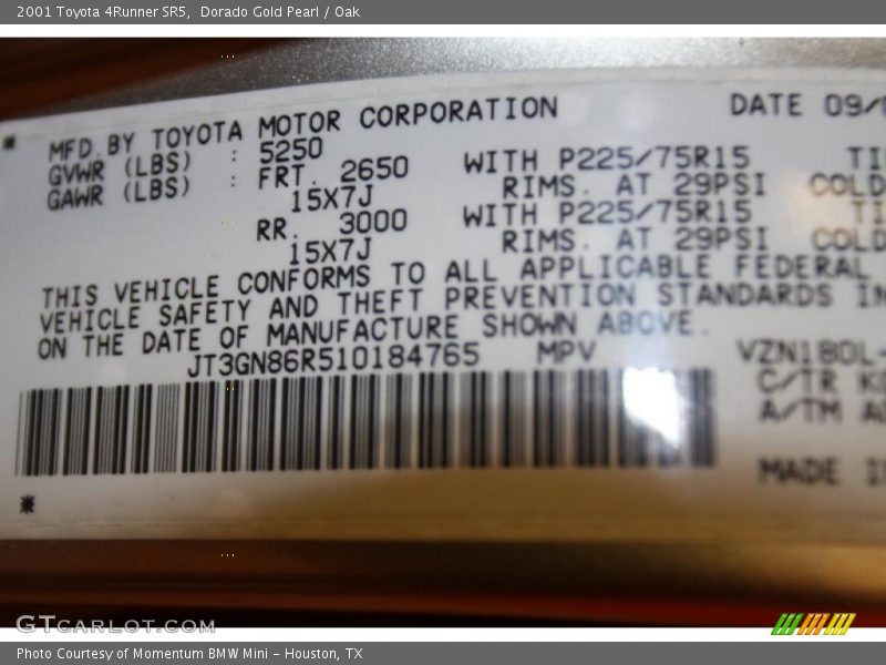 Info Tag of 2001 4Runner SR5