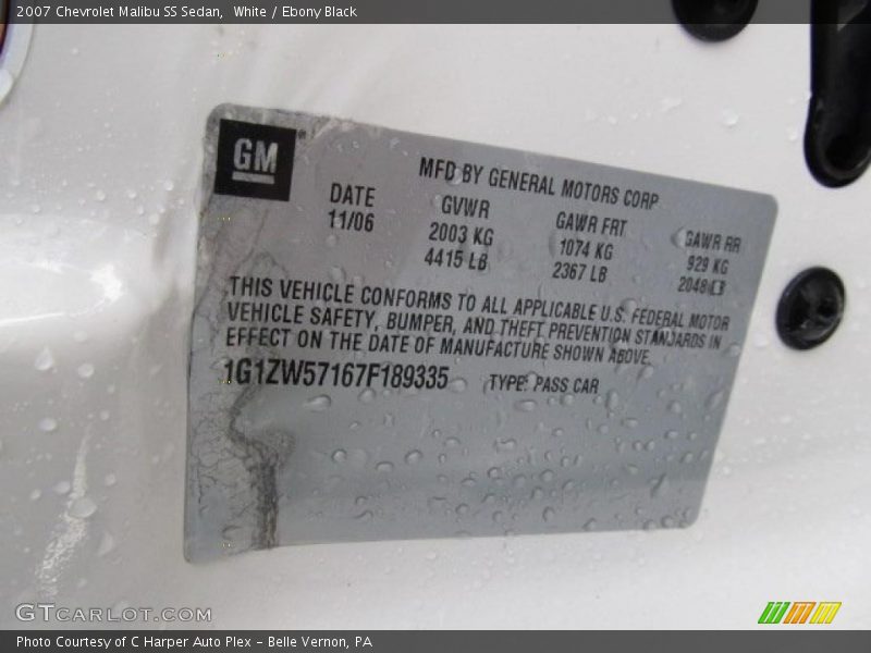 Info Tag of 2007 Malibu SS Sedan