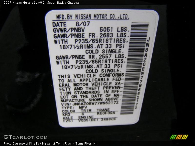 Super Black / Charcoal 2007 Nissan Murano SL AWD