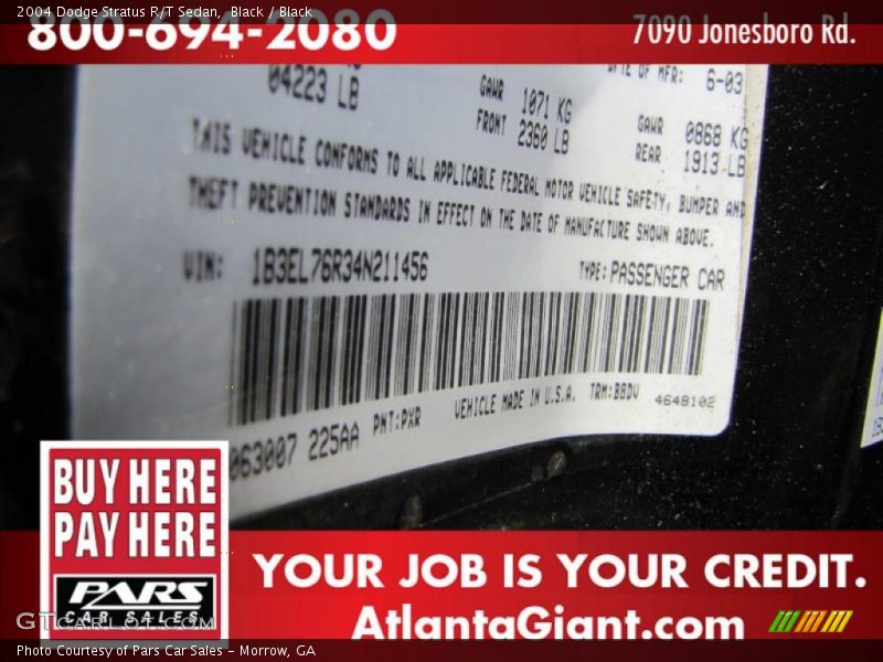 Black / Black 2004 Dodge Stratus R/T Sedan