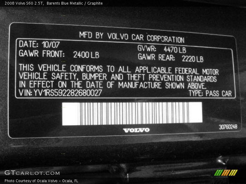 Barents Blue Metallic / Graphite 2008 Volvo S60 2.5T