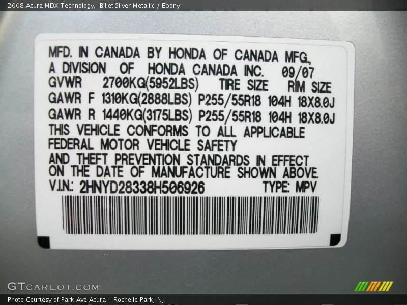 Billet Silver Metallic / Ebony 2008 Acura MDX Technology