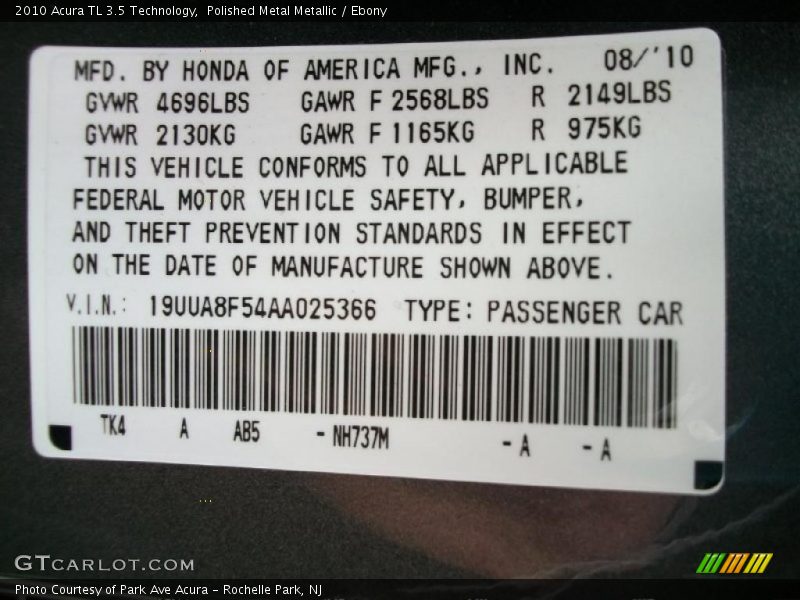 Polished Metal Metallic / Ebony 2010 Acura TL 3.5 Technology