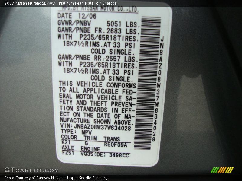 Platinum Pearl Matallic / Charcoal 2007 Nissan Murano SL AWD