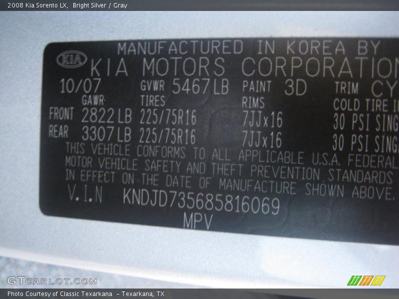 Bright Silver / Gray 2008 Kia Sorento LX