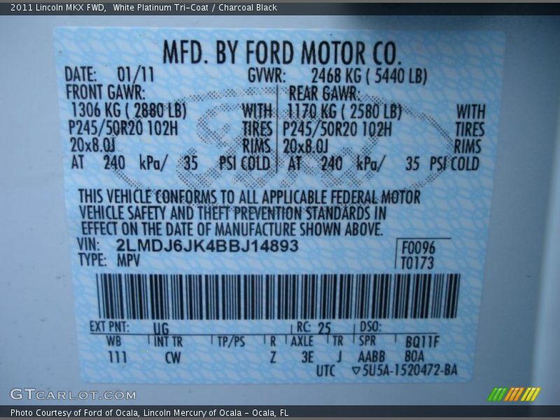 White Platinum Tri-Coat / Charcoal Black 2011 Lincoln MKX FWD