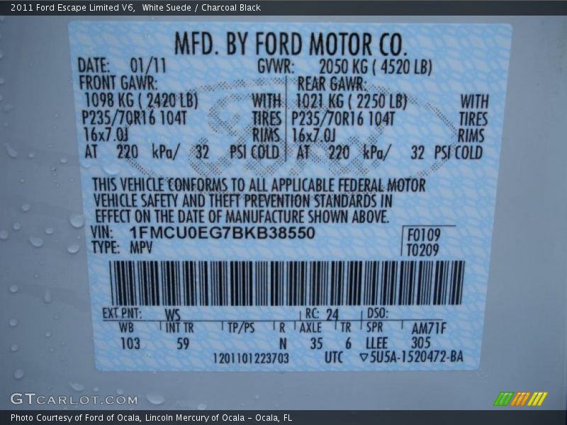 White Suede / Charcoal Black 2011 Ford Escape Limited V6