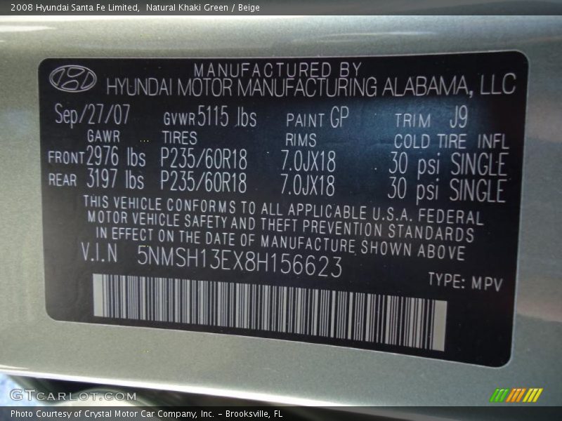 Natural Khaki Green / Beige 2008 Hyundai Santa Fe Limited