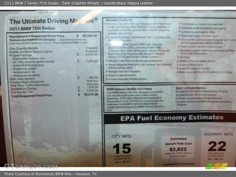  2011 7 Series 750i Sedan Window Sticker
