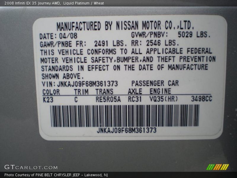 2008 EX 35 Journey AWD Liquid Platinum Color Code K23