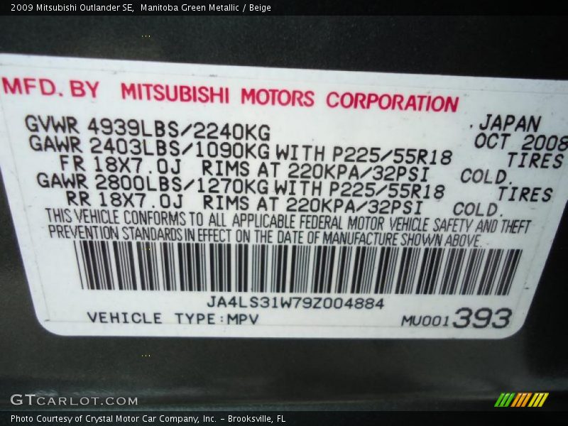 Manitoba Green Metallic / Beige 2009 Mitsubishi Outlander SE