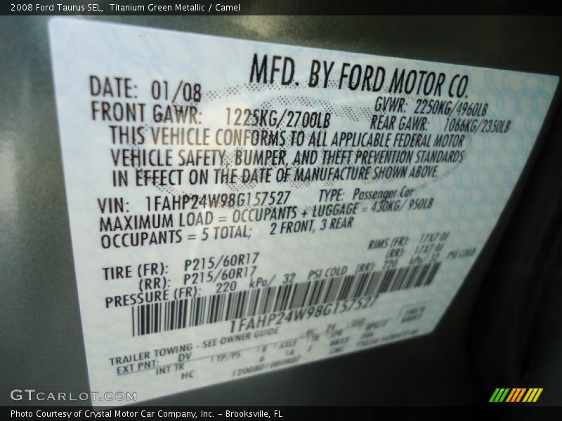 Titanium Green Metallic / Camel 2008 Ford Taurus SEL