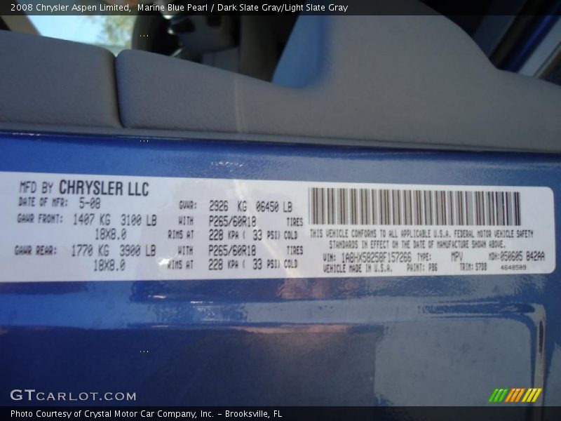 Marine Blue Pearl / Dark Slate Gray/Light Slate Gray 2008 Chrysler Aspen Limited