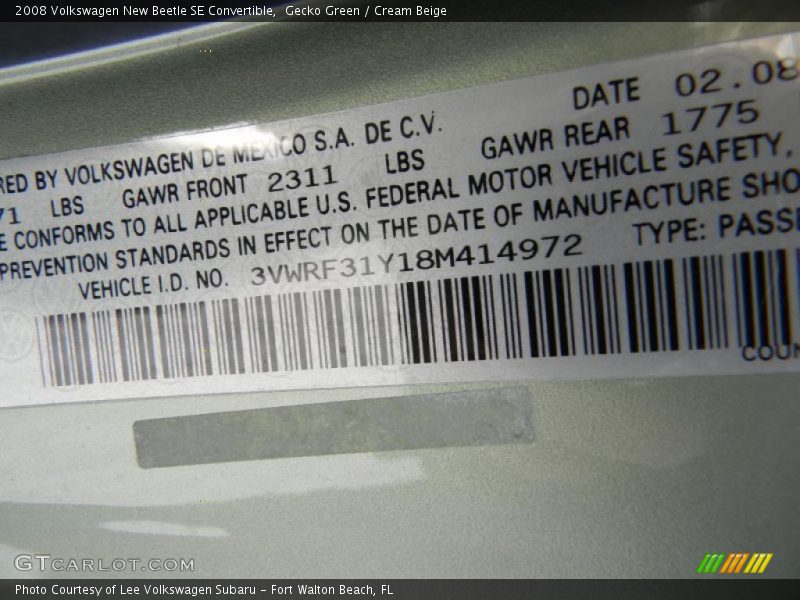 Info Tag of 2008 New Beetle SE Convertible