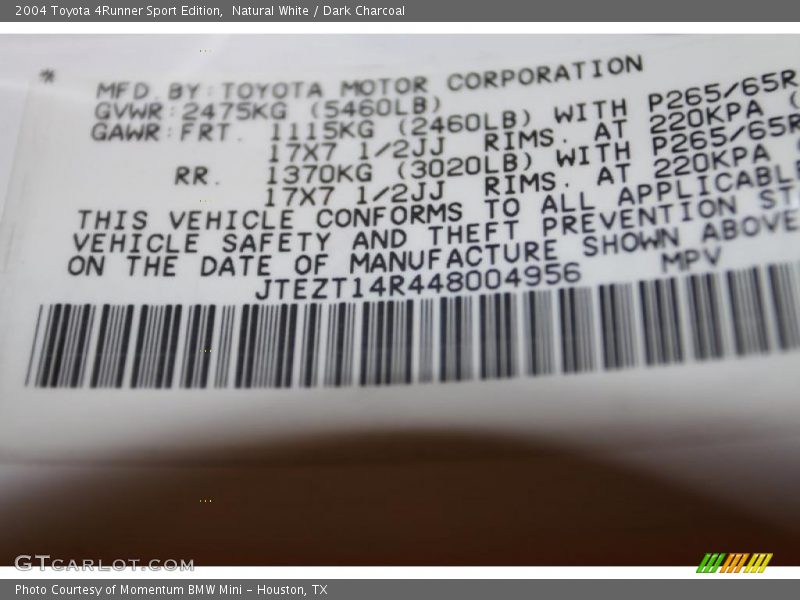 Natural White / Dark Charcoal 2004 Toyota 4Runner Sport Edition