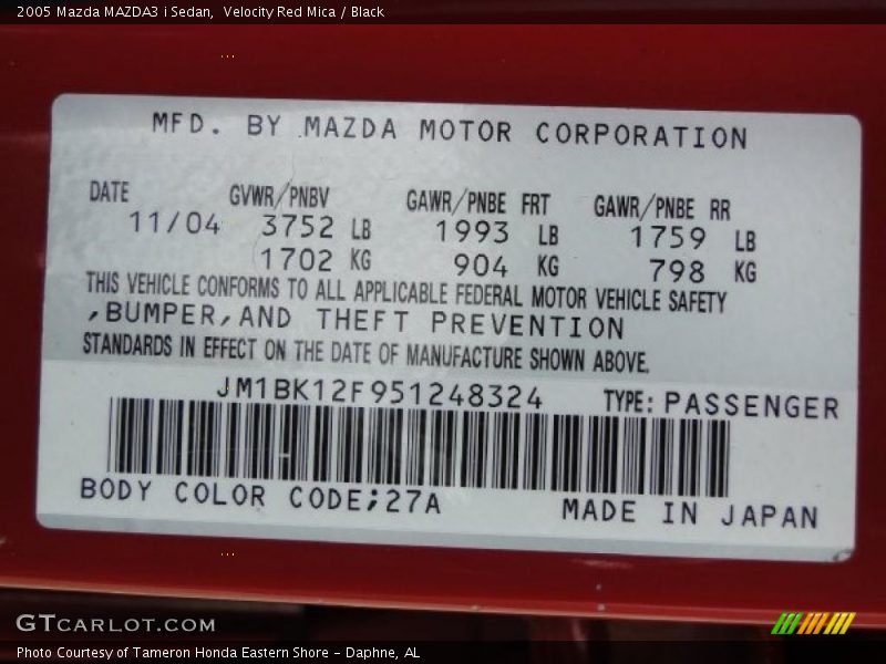 Velocity Red Mica / Black 2005 Mazda MAZDA3 i Sedan